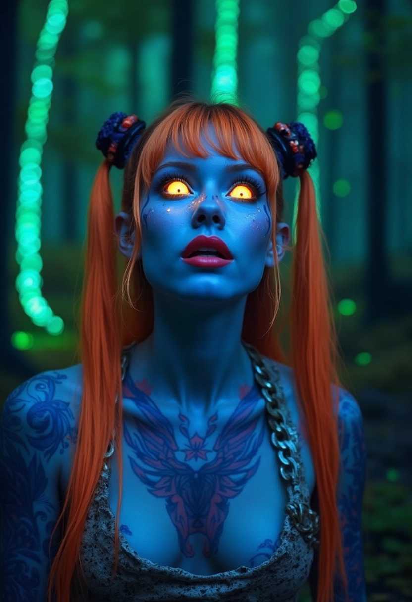 a vivid portrait featuring a woman with tattooed chest. Her hair is styled in orange pigtails, and she wears red lipstick. Her skin is blue, her eyes are glowing yellow, an awestruck, open-mouthed look. The background depicts a bioluminescent forest during the night