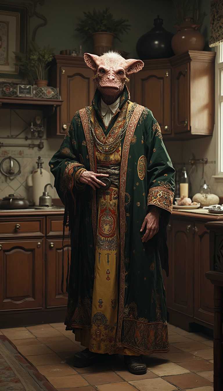 "Create a hyper-realistic depiction of a Victorian-style kitchen. The room should be richly detailed with period-appropriate fixtures, ornate cabinetry, and vintage appliances. In the center of this kitchen, place a humanoid creature inspired by Stephen King's movies, dressed in traditional Portuguese attire. The creature should have intricate details that reflect Portuguese cultural elements, such as traditional patterns or accessories, blending seamlessly into the Victorian setting."