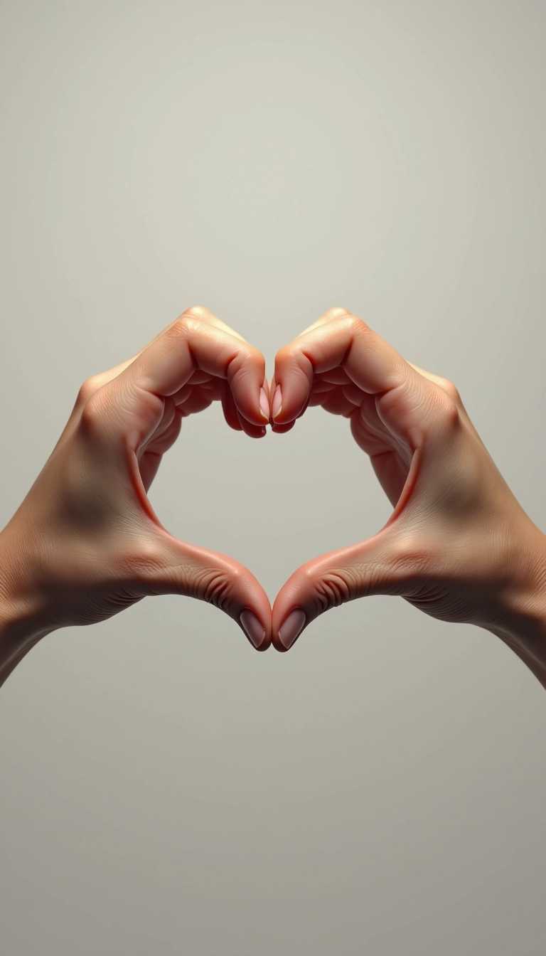 "Design a hyper-realistic depiction of two hands joined to form a heart. Capture the fine details of the skin, such as wrinkles and fingerprints, and use precise lighting to accentuate the heart shape. The background should be minimalist to keep the focus on the hands."