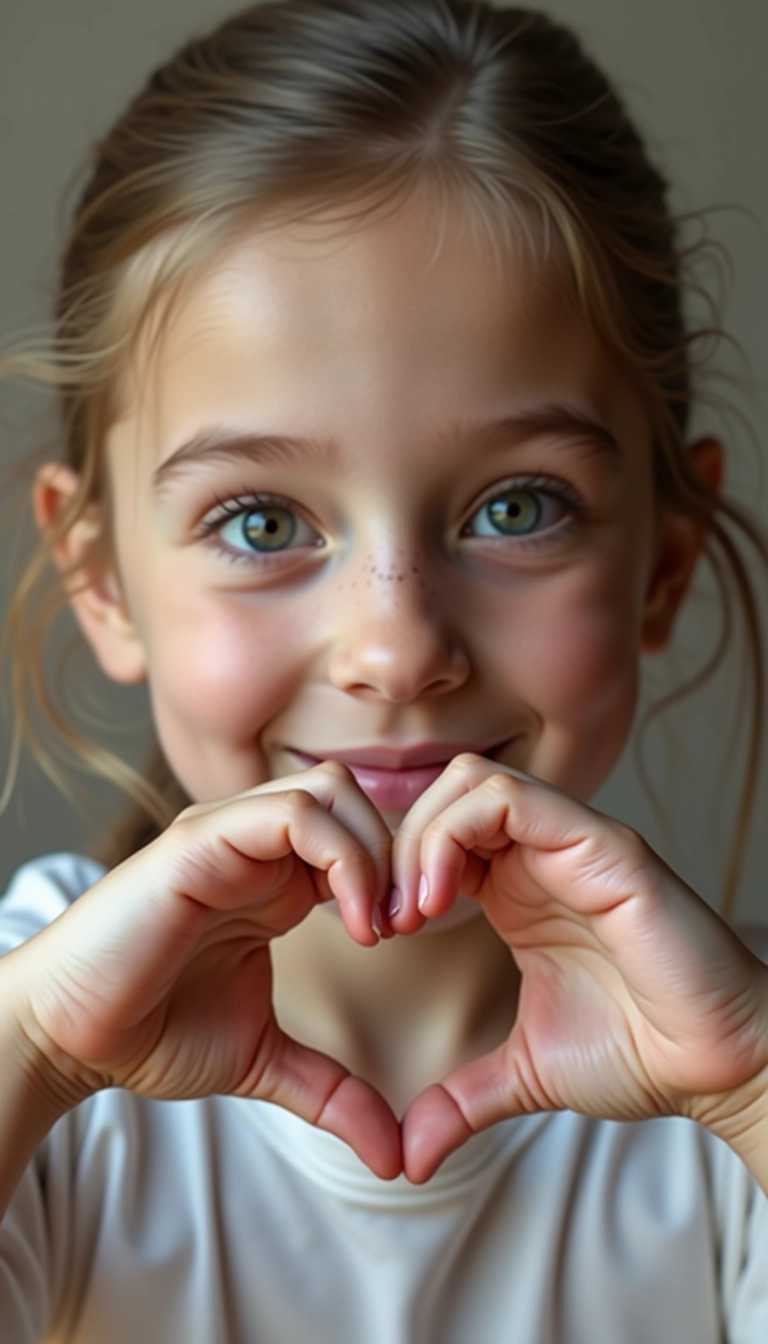 "Create a hyper-realistic image of a young girl with delicate features and soft skin, using her hands to form a heart shape. Ensure the hands are detailed, showcasing fine lines, wrinkles, and fingerprints. Highlight the heart shape with precise lighting that enhances its form. Keep the background minimalist to ensure the focus remains on the girl's hands and the heart shape they create."
