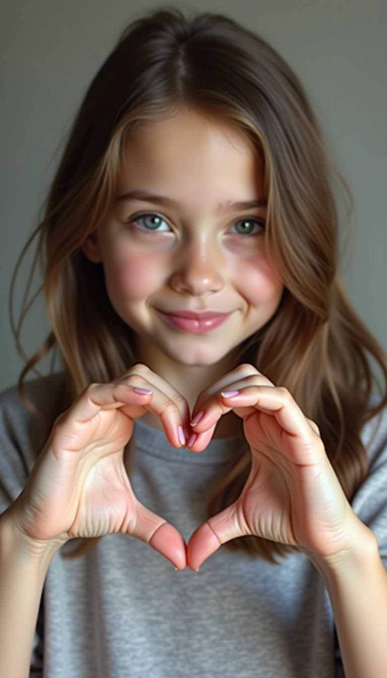 "Create a hyper-realistic image of a young girl with delicate features and soft skin, using her hands to form a heart shape. Ensure the hands are detailed, showcasing fine lines, wrinkles, and fingerprints. Highlight the heart shape with precise lighting that enhances its form. Keep the background minimalist to ensure the focus remains on the girl's hands and the heart shape they create."