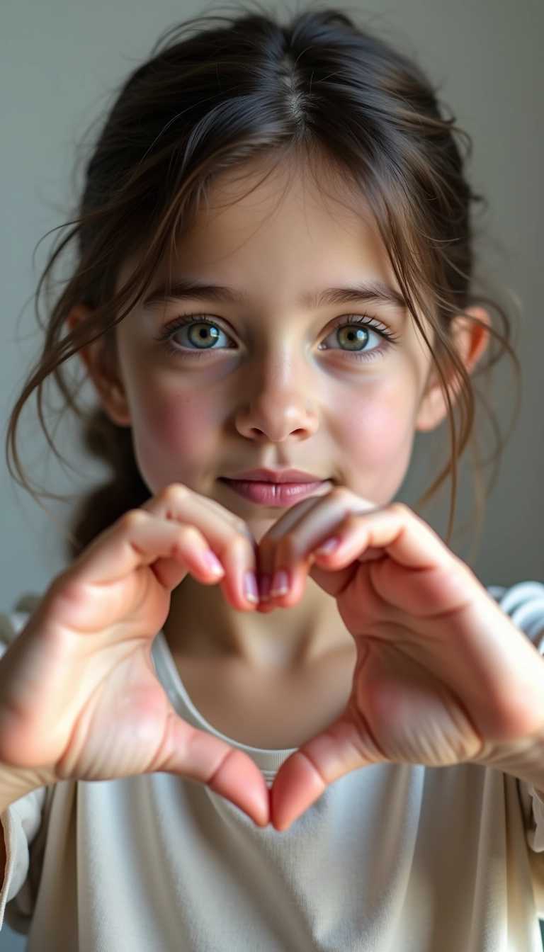 "Create a hyper-realistic image of a young girl with delicate features and soft skin, using her hands to form a heart shape. Ensure the hands are detailed, showcasing fine lines, wrinkles, and fingerprints. Highlight the heart shape with precise lighting that enhances its form. Keep the background minimalist to ensure the focus remains on the girl's hands and the heart shape they create."