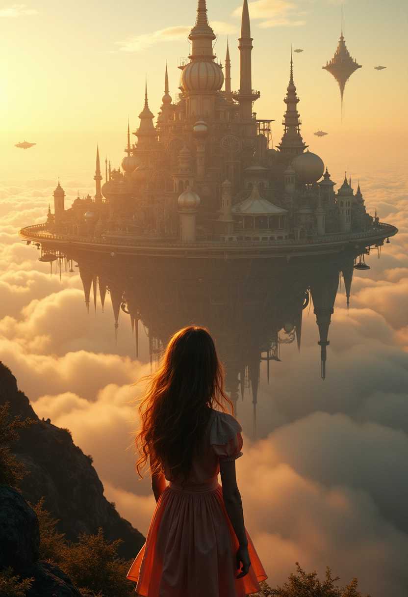 RAW large format photography, epic scene, back view of a young woman with flowing hair watching a fantastic flying city in the far distance, positioned in the bottom third of the frame. The flying city, an incredibly detailed and intricate steampunk city, hovers majestically in the sky, resembling a floating island. The city is filled with gears, ornate architecture, and airships moving around. The composition is a distant shot, captured from above, with the focus primarily on the breathtaking city. Shot during the golden hour, the scene is bathed in warm, golden sunset light, casting long shadows and providing a serene, magical atmosphere, enhancing the ethereal ambiance. The entire scene evokes a sense of wonder and discovery.