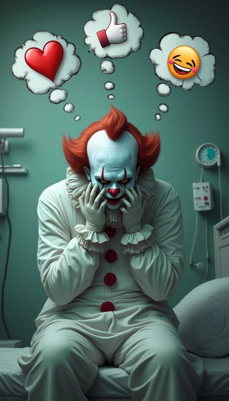 A depressed, sad, run-down, scary clown wearing a white bathrobe is sitting on a bed in a hospital room. He is leaning forward with his hands covering his face. The image looks photorealistic with great attention to detail. At the top of the image are 3 thought bubbles coming from the clown: one has a heart emoji, a thumbs up emoji, or a laughing emoji