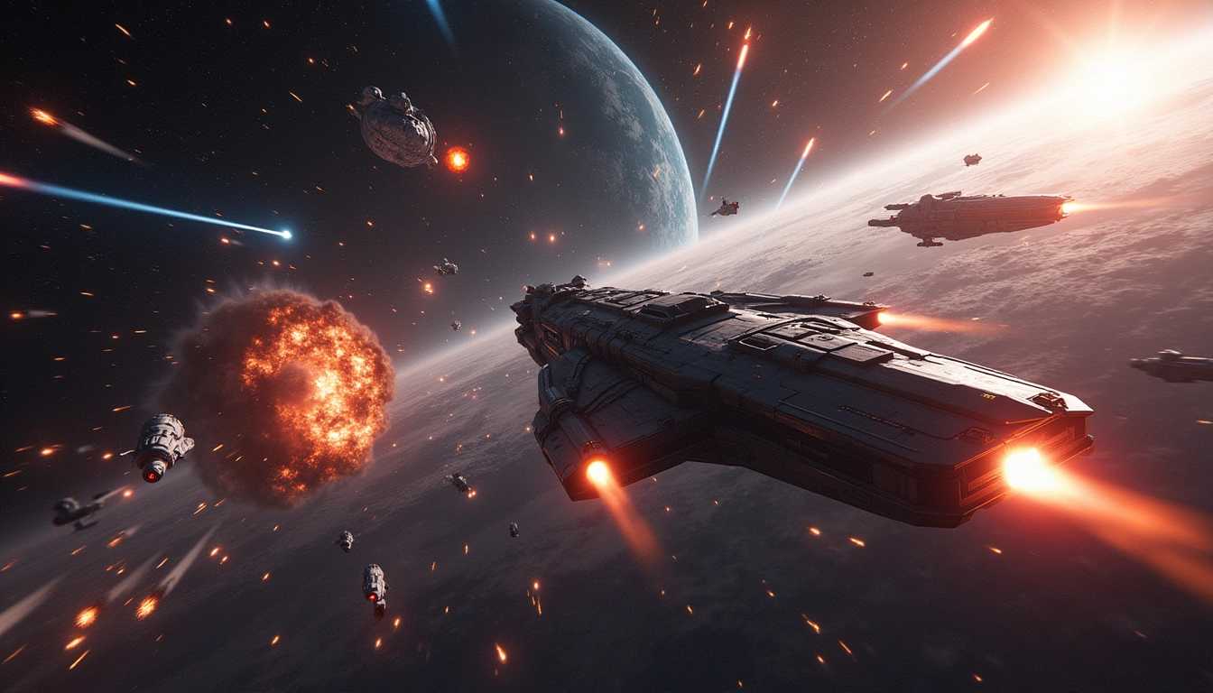 A colossal interstellar battle scene featuring enormous starships clashing amidst a backdrop of distant planets and sprawling galaxies. The starships, sleek and futuristic in design, are seen in various positions, some launching missiles while others evade incoming fire. Brilliant beams and rays of energy cut through the dark void, illuminating the scene in bursts of vivid colors. Explosions erupt in fiery plumes of red, orange, and blue, casting dramatic light and shadows across the scene. The composition captures the intensity and chaos from a dynamic, wide-angle perspective, highlighting the vast scale of the battle. In the distance, the majestic swirls of galaxies and the serene beauty of distant planets contrast sharply with the violence of the skirmish. The overall mood is tense and exhilarating, with the cold blackness of space serving as the canvas for this epic confrontation. High-contrast lighting, detailed textures of the starships, and the glowing trails of missiles and energy beams add a level of realism and immersion to the scene, drawing the viewer into the heart of the conflict.