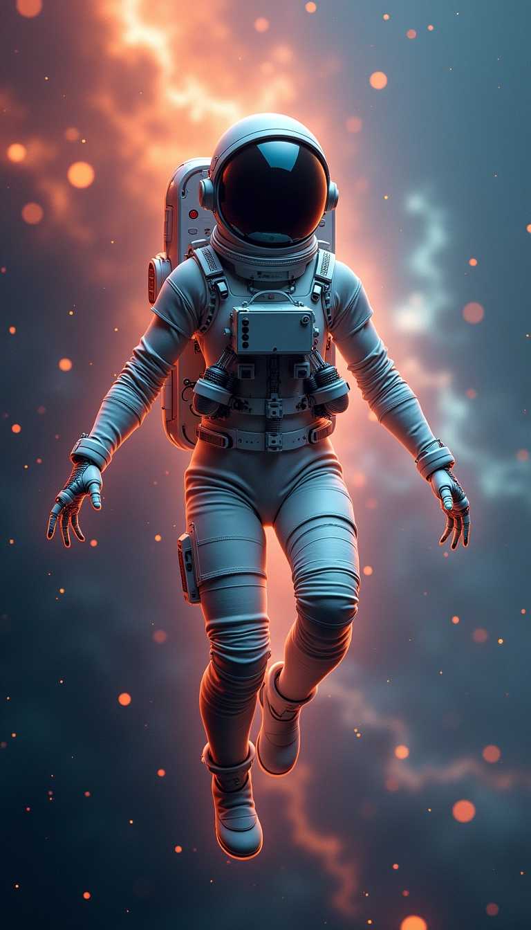 A female astronaut floating in space, her body partially merged with mechanical components. Her skin is translucent, revealing a network of wires and microchips beneath, while her face is an abstract void. The backdrop is a swirling nebula of colors, blending cyberpunk aesthetics with a cosmic dreamscape."