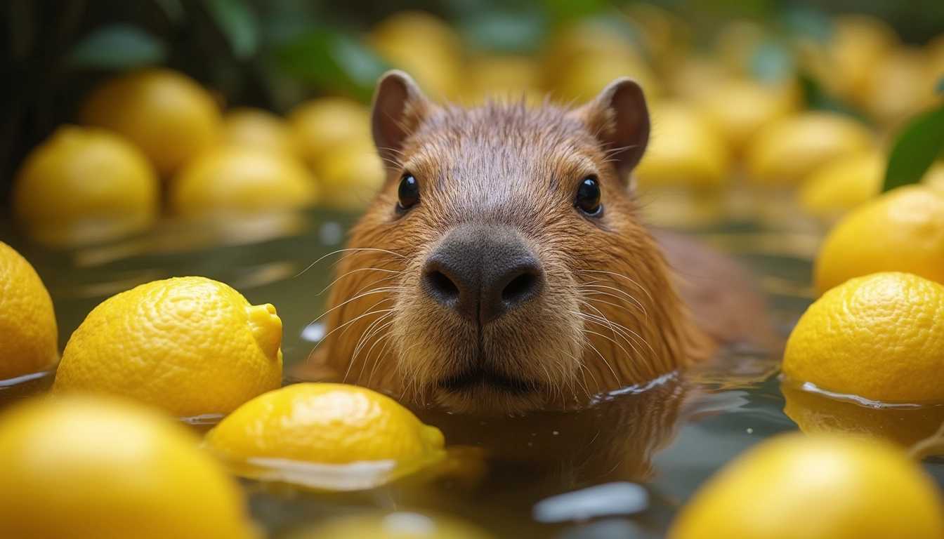 A photo of a capybara swimming in lemons