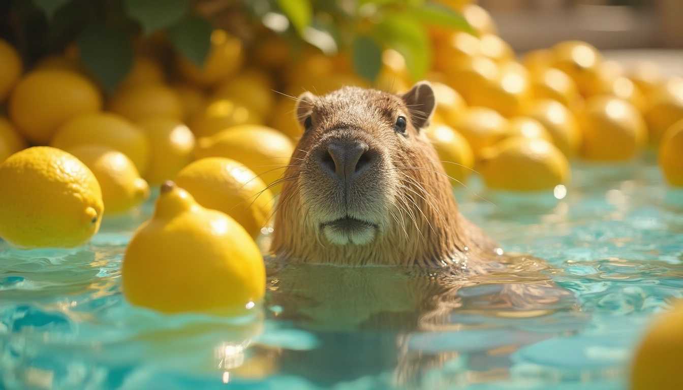 A high-resolution photograph of a capybara swimming in a pool filled with vibrant yellow lemons, situated under a warm, golden afternoon sun. The capybara is positioned centrally in the frame, showcasing its serene expression and partially submerged body, with water ripples adding dynamic motion to the scene. The bright, citrusy yellows of the lemons contrast beautifully with the capybara's soft brown fur and the clear, refreshing blue of the water. The lighting casts gentle shadows that enhance the textures of the lemons and the capybara's fur. The background is softly blurred, focusing attention on the capybara and the lemons, while faint reflections shimmer on the water's surface, creating an idyllic, almost surreal atmosphere. The image should convey a feeling of tranquility and light-heartedness, capturing a whimsical yet realistic moment. Photographic techniques such as shallow depth of field and vibrant color saturation are employed to intensify the overall visual impact of the scene.