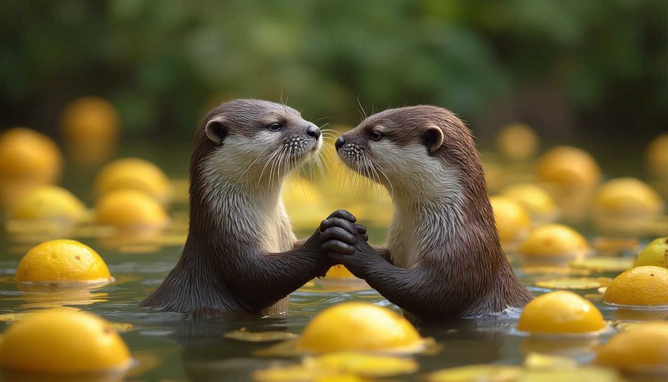 A photo of two otters holding hands in a pond filled with lemons
