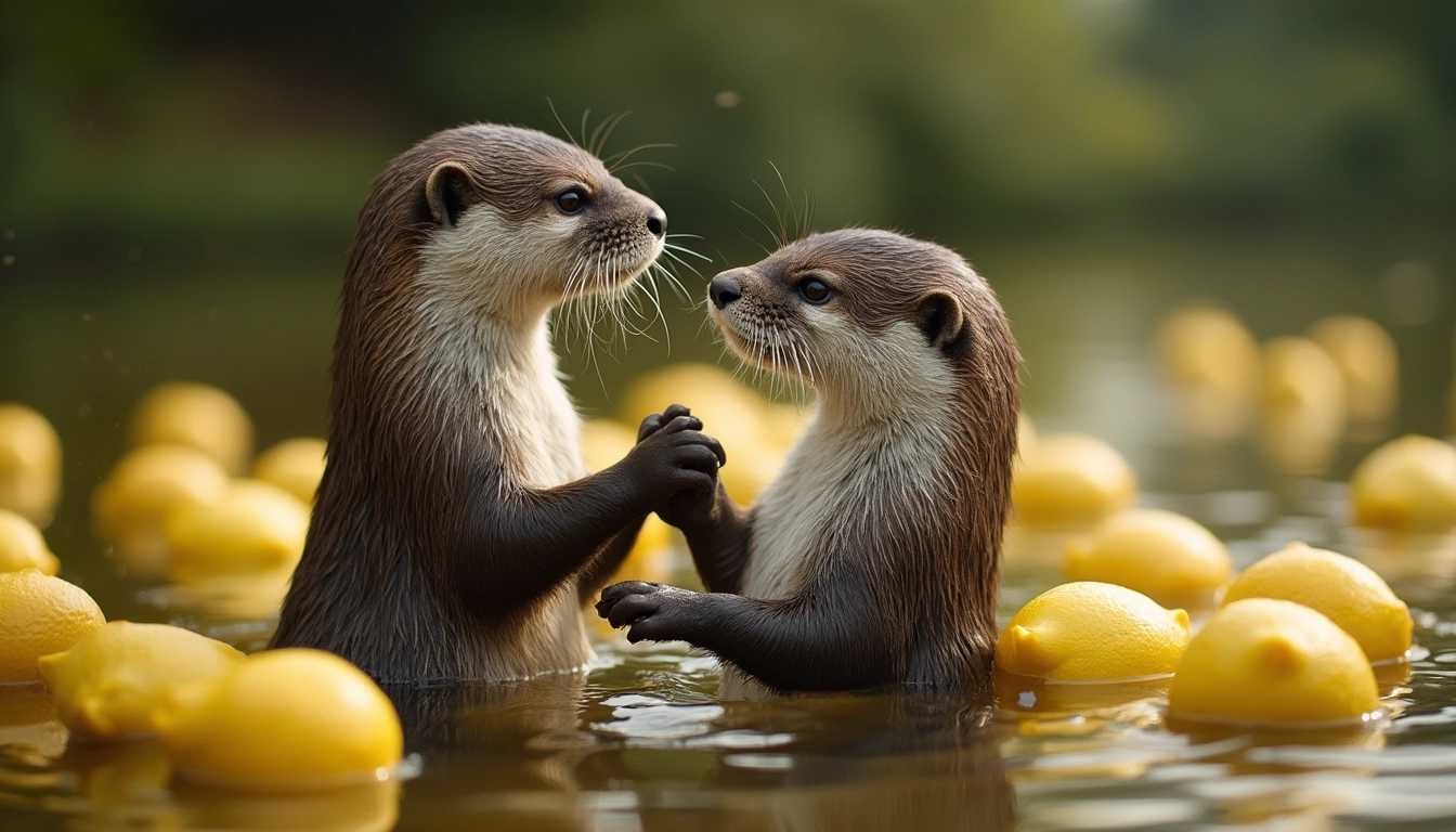 A photo of two otters holding hands in a pond filled with lemons