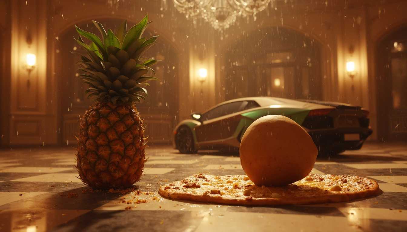 A pineapple and a potato on a disco floor while it’s raining chocolate pizza and pancakes. In a ballroom with a Lamborghini in the background