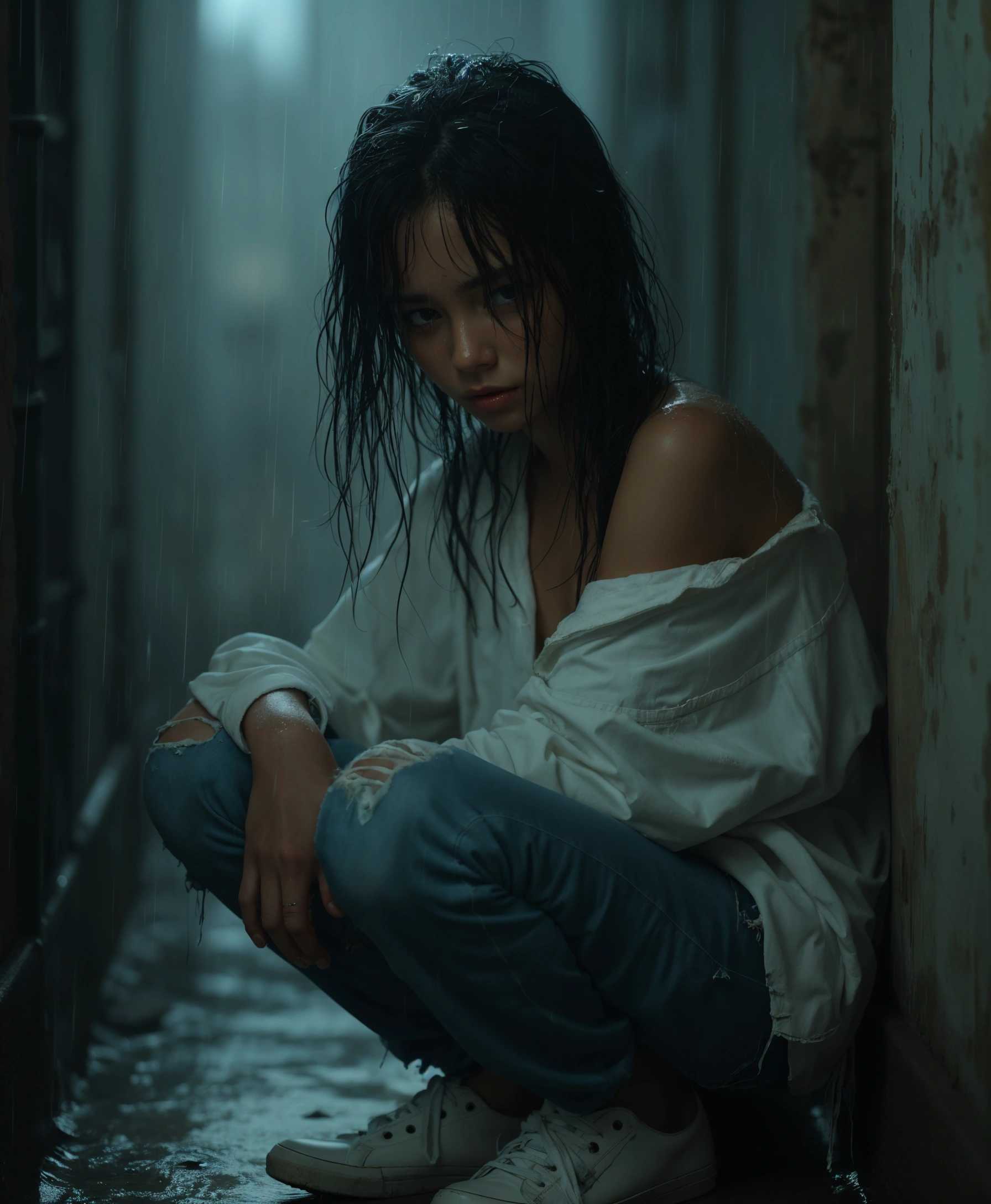 Best image quality, masterpiece, ultra-high resolution photo. A single girl is the focal point. She is wearing a white shirt, ragged jeans, and white sneakers, visibly worn. The setting is dimly lit, with a dark and despair-filled atmosphere. Emotions of pity and poor living conditions are palpable. Her clothes are torn and wet, emphasizing the dire circumstances (Torn clothes:1.5), (Wet clothes:1.4). Her bare shoulders are exposed, and real rain is falling, soaking her wet hair. Tears are streaming down her face, with teardrops clearly visible. The composition focuses closely on her, capturing the raw emotion and vulnerability from a slightly low camera angle, enhancing the sense of despair. The lighting is soft, with shadows accentuating the mood, while the raindrops glisten under the dim light. The overall atmosphere is melancholic, with a sense of genuine sadness and hardship permeating the scene.