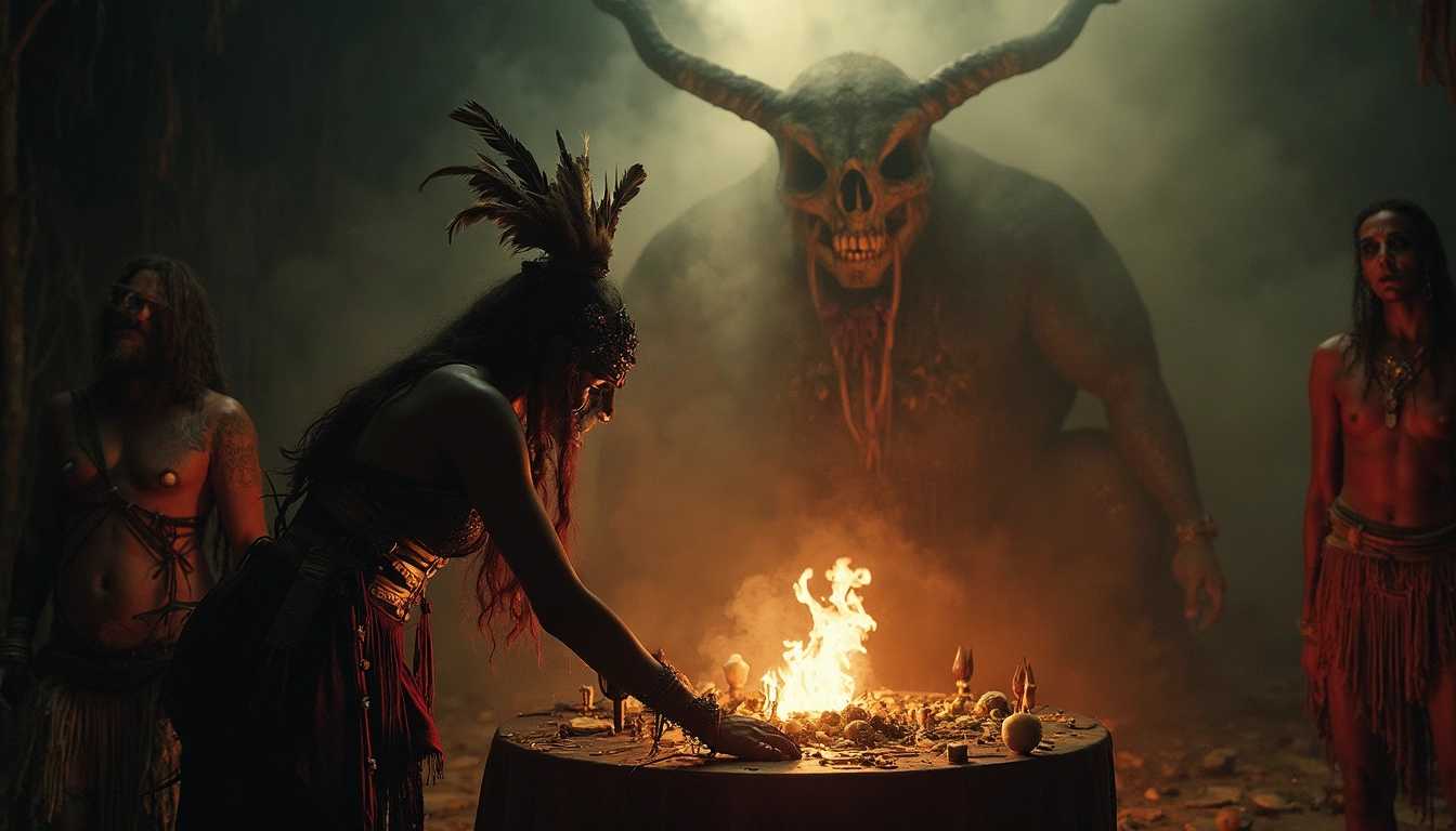 Still image from a horror movie depicting a ritual scene, where a tribal woman is engaged in a dark ceremony, bent over an altar with occult symbols, feathered headdresses, set against a backdrop of a large ominous misty skull demon and fiery light, capturing an intense and suspenseful dark atmosphere.