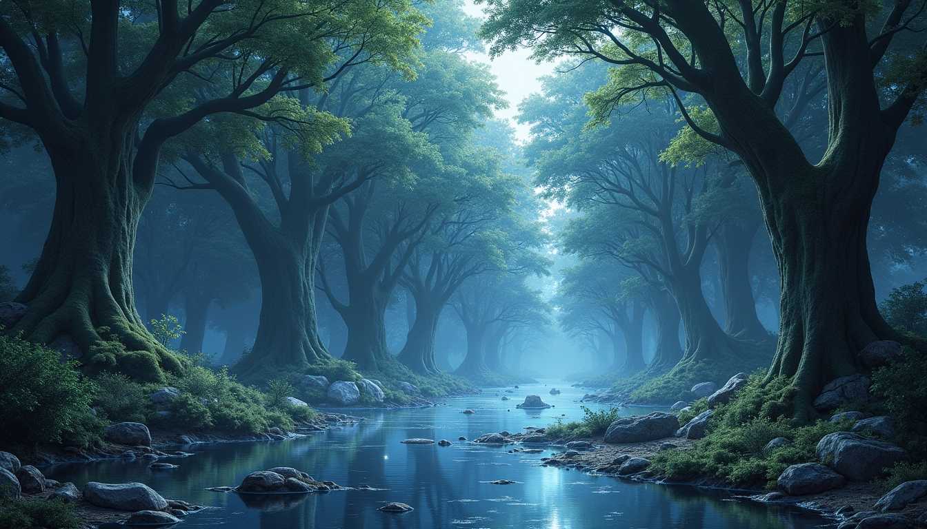 "An endless forest bathed in soft moonlight, where the trees are made of glass and their leaves shimmer like stardust. A gentle river of liquid silver winds through the woods, reflecting a sky filled with floating islands and distant galaxies. In the center of the forest stands an ancient, overgrown temple with walls covered in glowing runes that pulse with a rhythmic, otherworldly energy. A path of luminous, floating stones leads to the temple, inviting travelers into its mysterious depths."