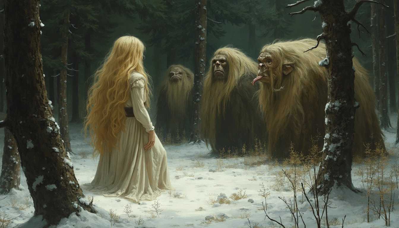 john bauer, frail little white-skinned princess with long golden hair in the dark pine forest with a group of Nordic trolls