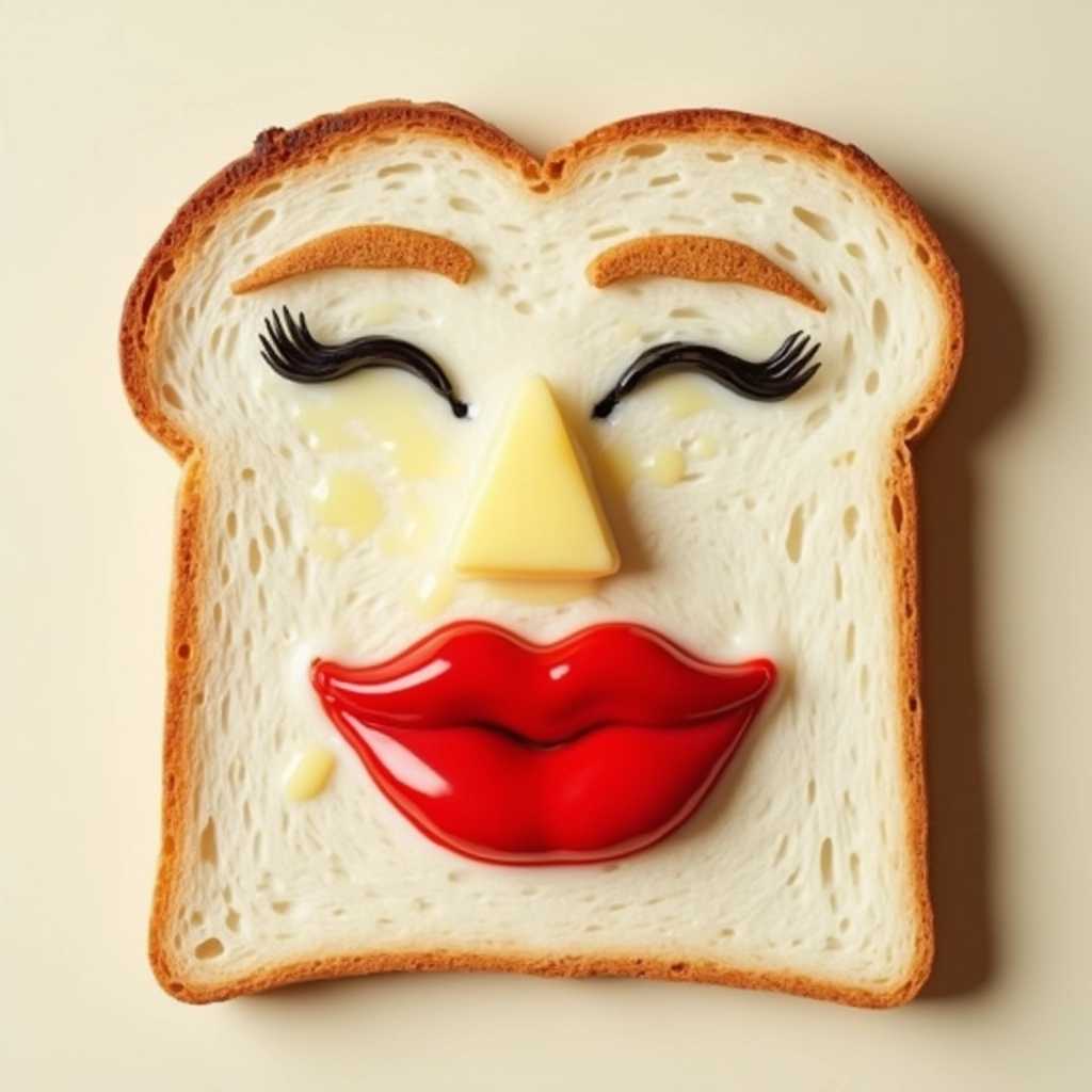 a single slice of white bread but the bread has a face with eyebrows and eyelashes, a 3d nose and a big pair of bright red lips, with butter melting