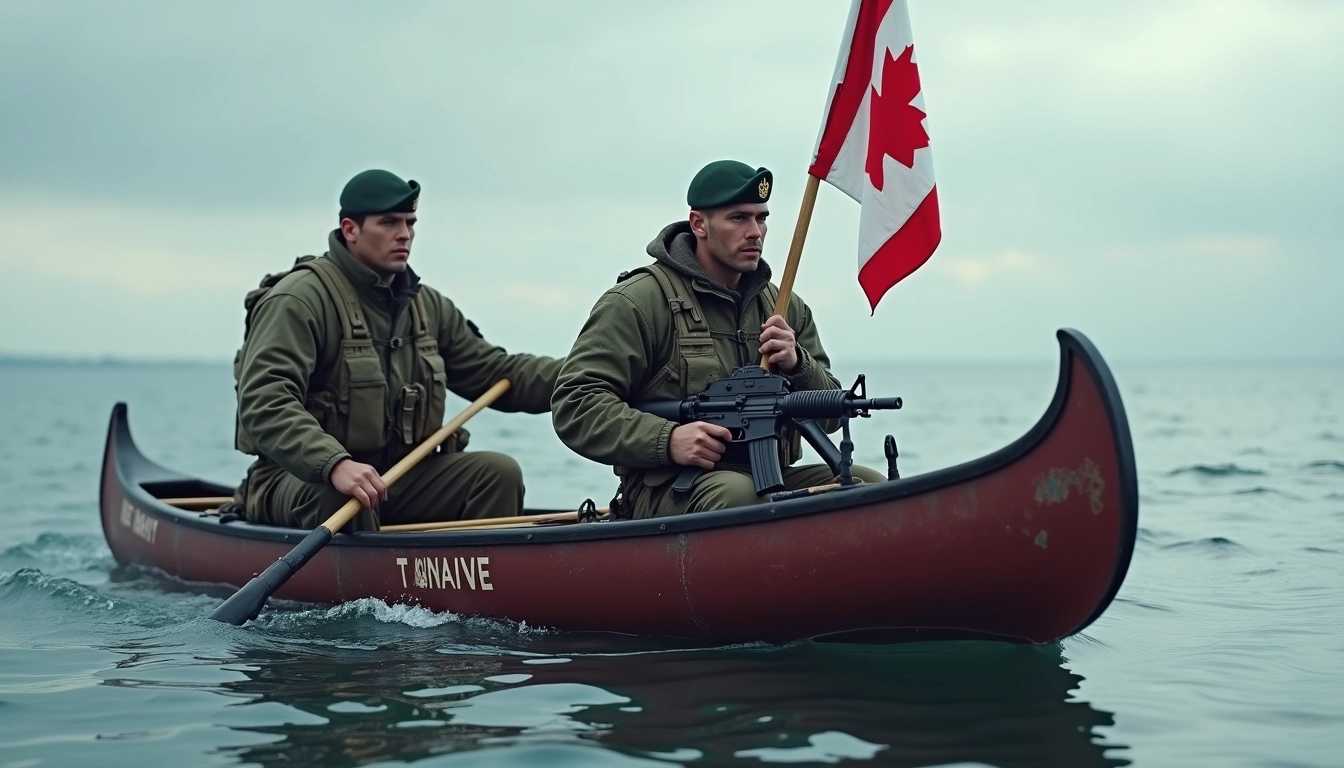 cgi image of 2 "Canadian Navy" man in full uniform in a canoe, with a machine gun strapped to the front, and a Canadian Flag. background the ocean.