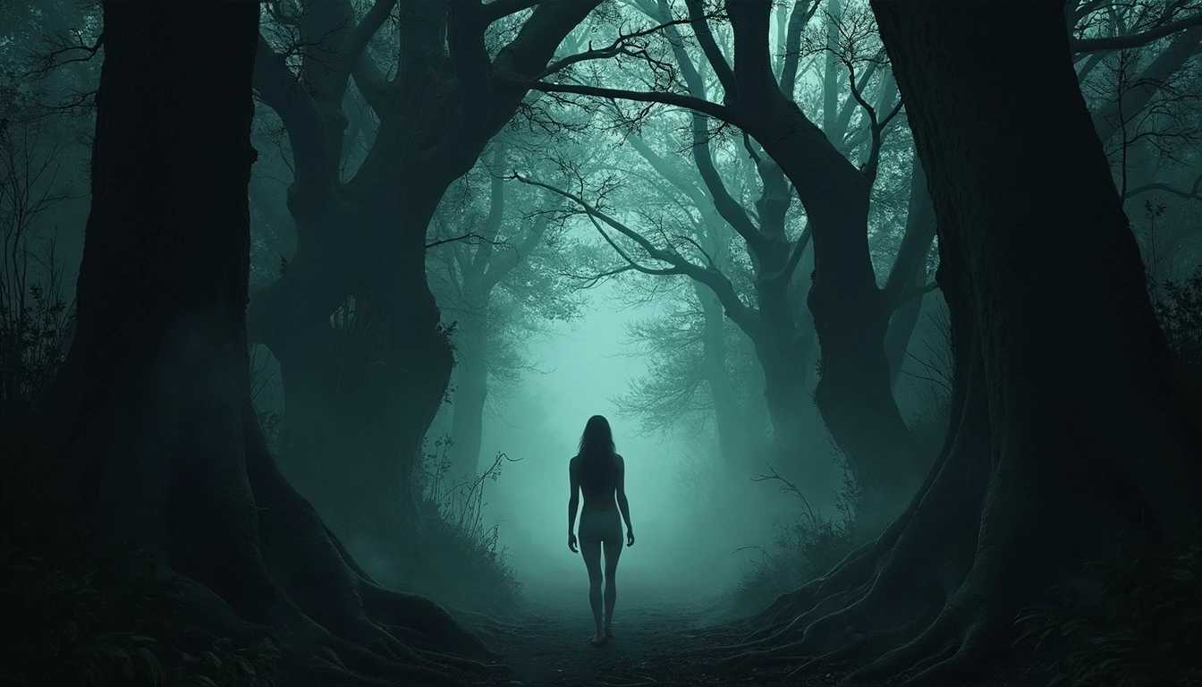 A reimagined poster inspired by "The VVitch," featuring a haunting scene where a young naked woman in the nude walks away from the camera into a foreboding forest. The woman steps cautiously into the dense, dark woods, her naked figure small against the towering, twisted trees that surround her, forming a gate or portal. The forest is ominous, with shadows stretching long and deep, creating a sense of claustrophobic tension. Mist clings to the ground, swirling between the gnarled roots and underbrush, while the fading light of dusk casts an eerie glow over the scene. The woman’s posture reflects uncertainty as she ventures into the unknown, the oppressive silence of the forest hinting at unseen dangers lurking in the darkness ahead. The atmosphere is thick with dread, capturing the unsettling isolation and supernatural unease of the film.