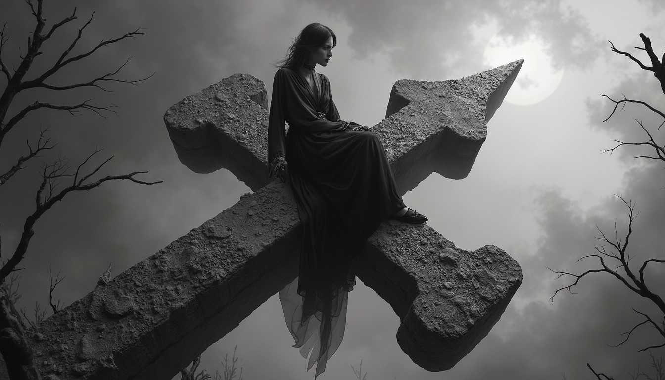 A surreal, monochromatic poster depicting a powerful witch seated gracefully on an inverted cross. The cross, carved from weathered stone, is revealed to be the spire of an upside-down church, its Gothic architecture eerily suspended in the sky. The witch sits calmly atop the spire, her dark, flowing robes cascading down, merging with the shadows. Below, the entire world is inverted, with twisted trees and barren land stretching upward into a stormy, cloud-filled sky. Her gaze is penetrating, almost serene, contrasting with the unsettling environment around her. The faintest touch of crimson in her lips or the distant glow of embers adds a striking accent to the otherwise stark, haunting scene. The composition is disorienting and otherworldly, capturing the dark, enigmatic tone of a world turned upside down by her presence.