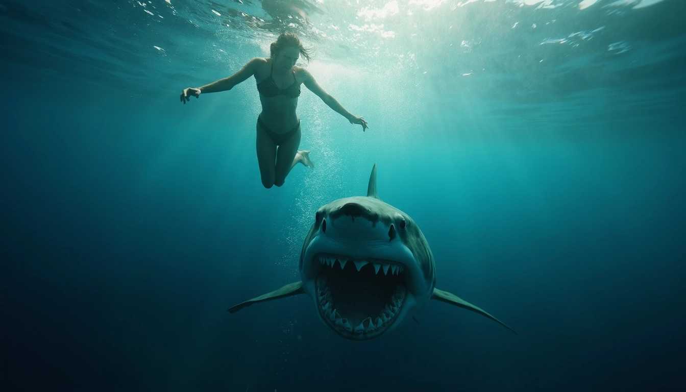 Thrilling Encounters A Shark and a Swimmer Share an Intense Moment Under the Sea