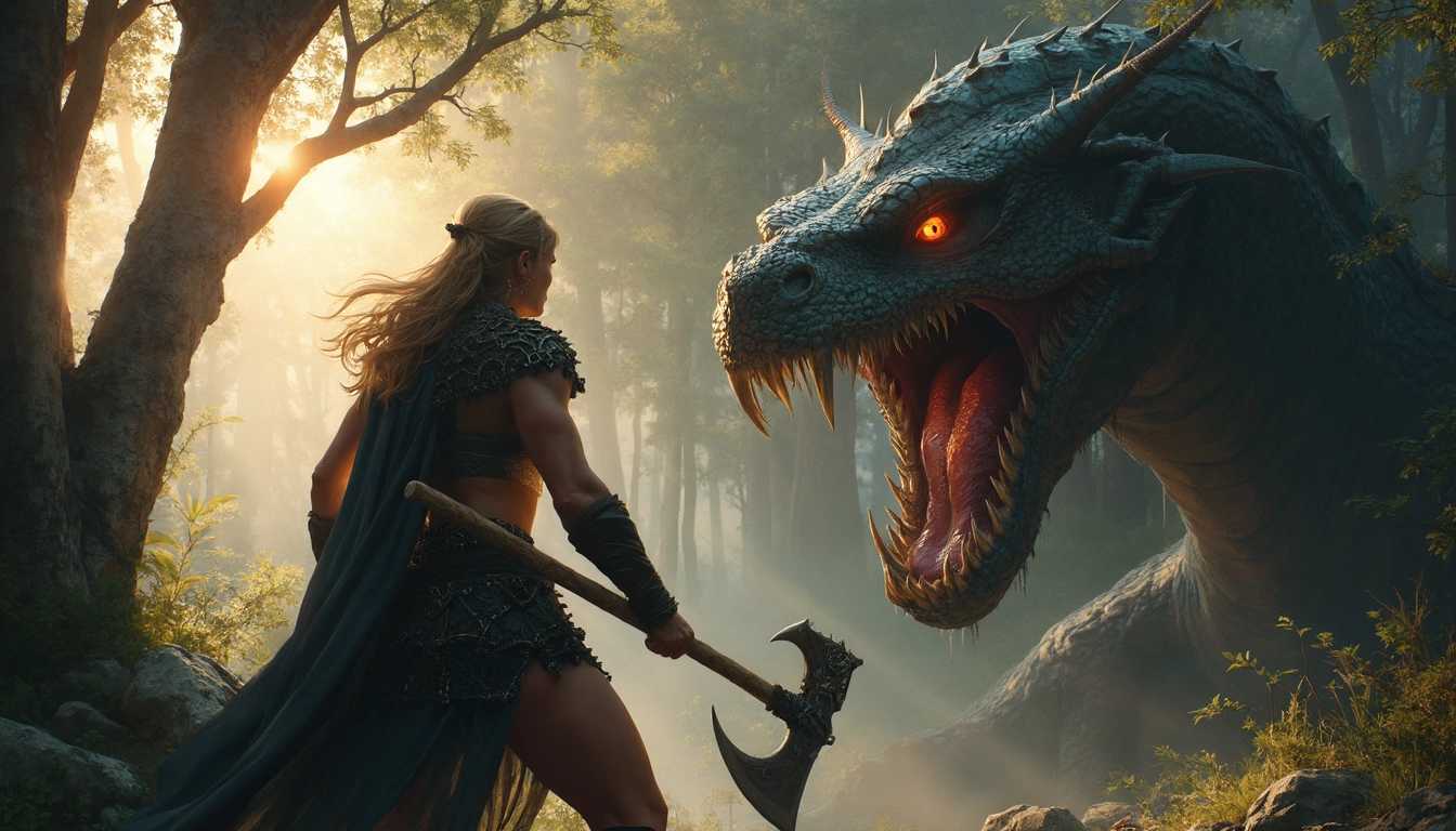 A brave large-breasted and muscular Viking heroine in diminutive chainmail bikini, battles a terrifying lindorm at the edge of a dark, ancient forest. The heroine, clad in rugged shoulder-armor with a battleaxe gripped tightly in her hands, stands her ground against the massive serpent-like creature. The lindorm, with its scaly, sinuous body and glowing eyes, coils menacingly, ready to strike. The forest looms behind them, its tall, twisted trees casting deep shadows across the scene. The light of the setting sun filters through the trees, creating a dramatic backdrop as the Viking warrior prepares to deliver a powerful blow, her expression one of unyielding courage. The clash between the heroine and the lindorm is intense, embodying the raw strength and fearless spirit of Norse legend.