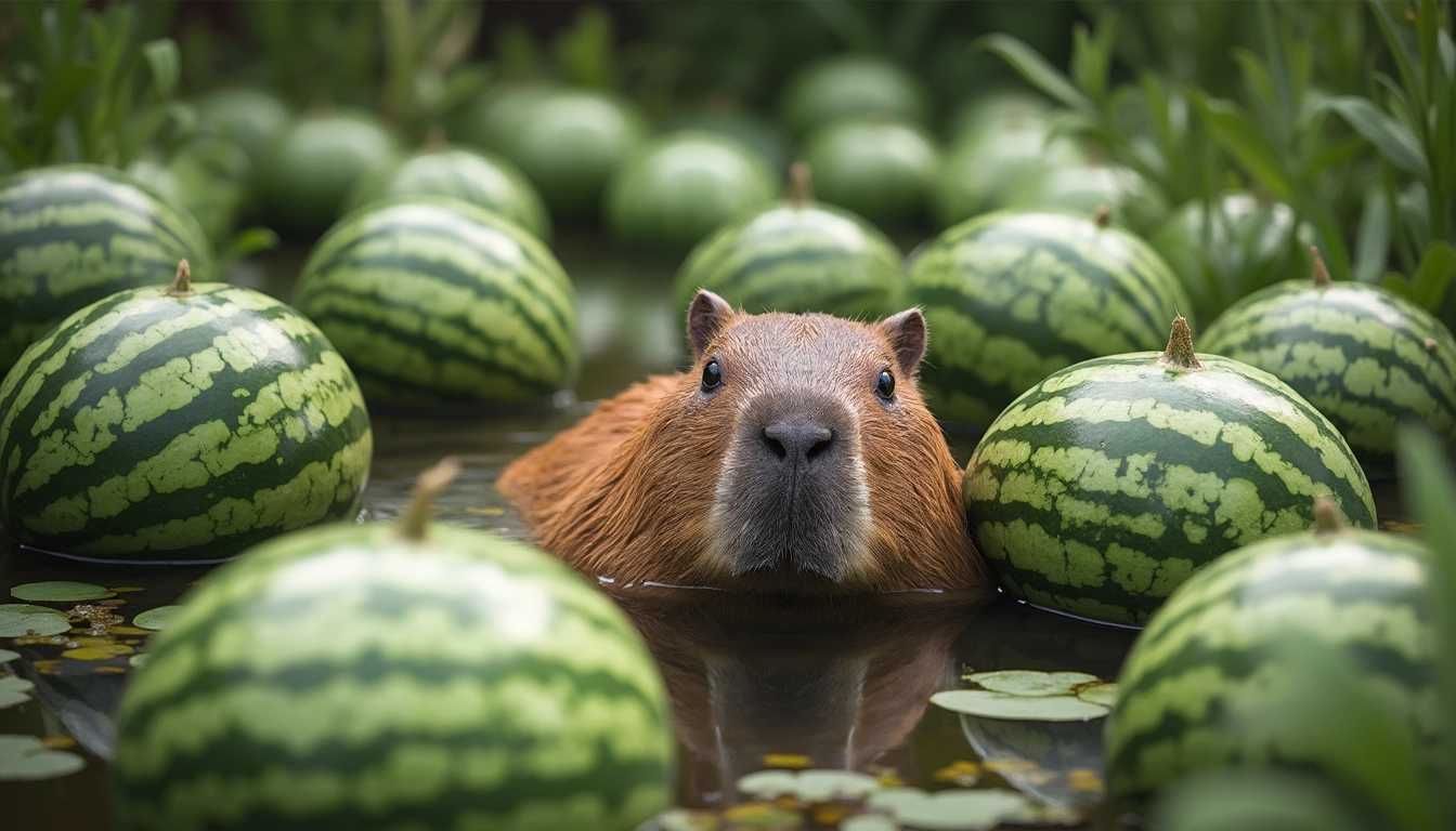 A photo of a capybara swimming in a pond filled with watermelons 