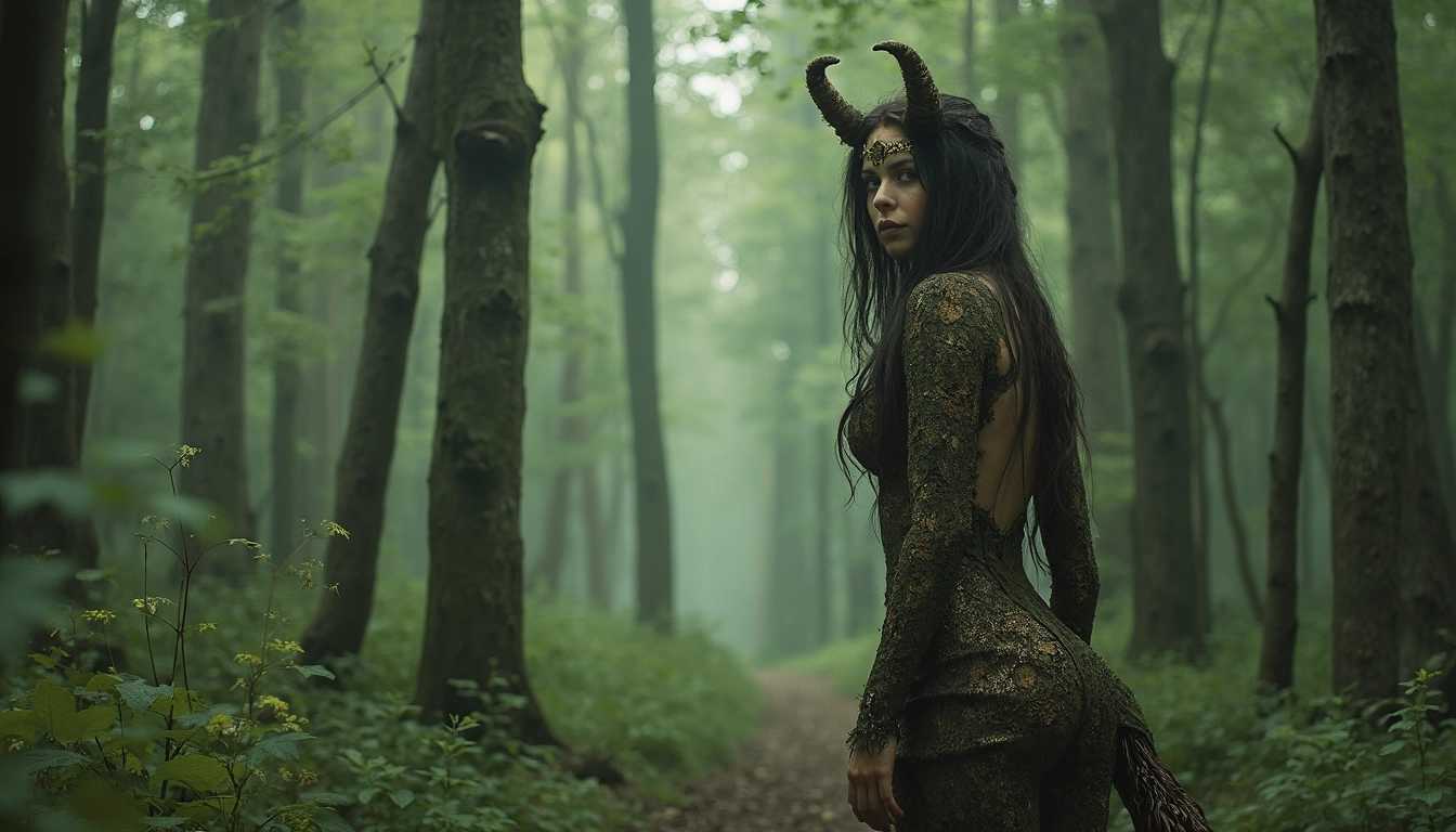 The Skogsrå, also known as the "Forest Wife" or "Lady of the Forest," is a guardian spirit of the forest. She appears as a beautiful woman with a hollowed-out back, like a tree, and a fox or cow's tail. She can be friendly or dangerous depending on how humans treat the forest. The Skogsrå is seductive, using her beauty to lure men into the woods, where she may either help them or lead them to their doom. Her eyes are said to be deep and mysterious, reflecting the wild nature of the forest.
