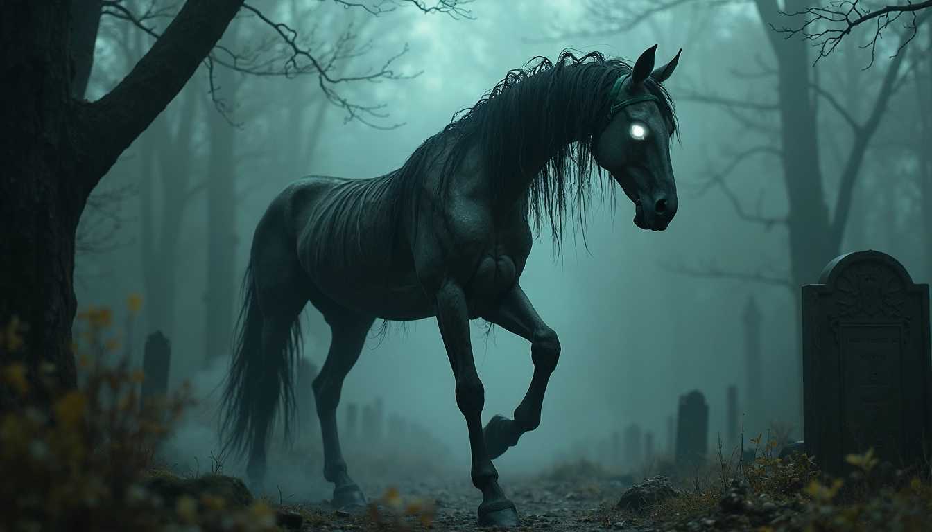 The Helhesten is a ghostly, three-legged horse associated with death and the underworld. It is said to roam graveyards and is often considered a harbinger of death or doom. The Helhesten is described as having a gaunt, skeletal appearance, with glowing eyes and a haunting whinny that can be heard in the dead of night. Its three-legged gait is both eerie and unsettling, making it a fearsome sight to behold.