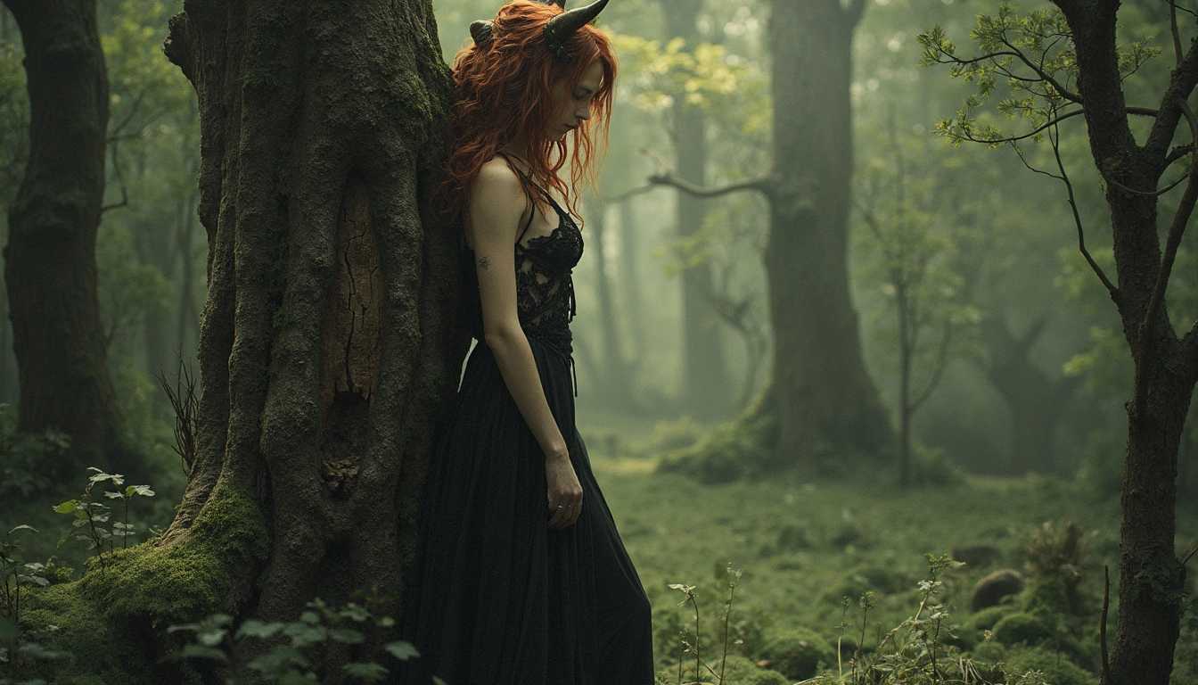 The Hulder is a seductive forest creature, often depicted as a beautiful woman with a hollow back (sometimes tree-like) and a tail, usually resembling that of a cow or fox. She uses her beauty to lure men into the forest, where she may treat them kindly or cruelly, depending on how they respond to her. Her appearance is enchanting, with flowing hair, captivating eyes, and an almost otherworldly beauty that masks her more sinister nature.