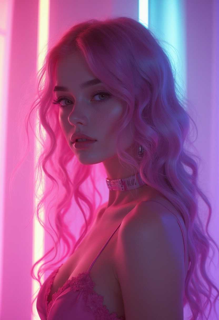 Hyperrealism Cute Kawaii girl with long, curly, wavy neon rainbow light hair, beautiful porcelain skin, in a studio with a cyberpunk aesthetic. Features lace and is rendered in Octane