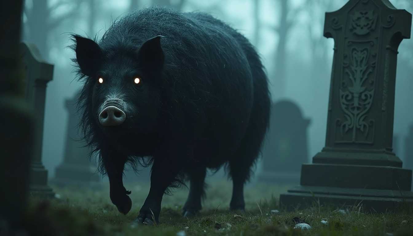 The Gravsoen is a ghostly pig that appears in graveyards. It is believed to be an omen of death. This creature is often described as a large, black sow with glowing eyes, which roams the graveyards at night. Its presence is said to bring illness or death to those who see it.