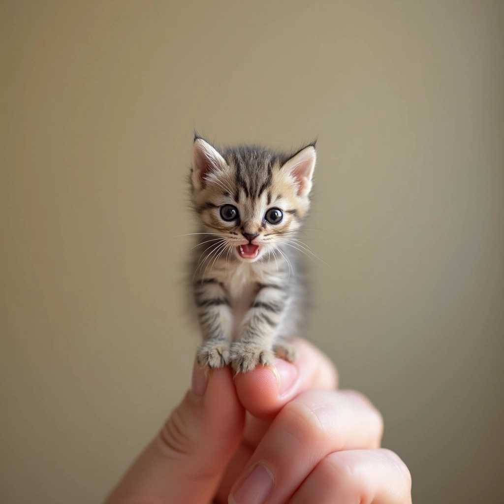 A miniature cute kitten standing on a fingertip.