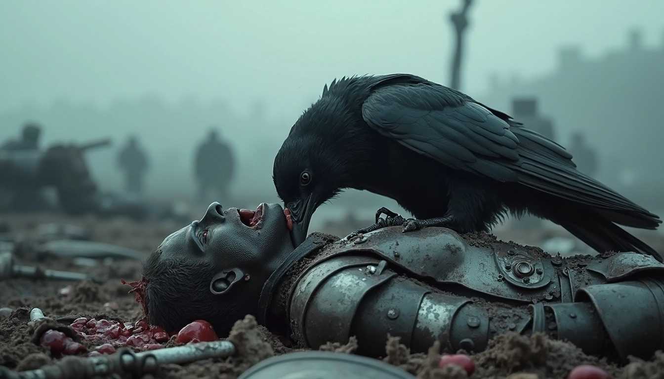 A raven feasting on the corpse of a fallen warrior on a grim, desolate battlefield. The warrior, clad in battered armor and lying motionless among the debris of battle, has clearly met a violent end. The raven, its dark feathers glistening in the dull light of an overcast sky, pecks at the warrior’s flesh, its beady eyes reflecting a cold, predatory instinct. The battlefield is littered with the remnants of war—broken weapons, discarded shields, and other lifeless bodies, all shrouded in a heavy mist. The atmosphere is somber and eerie, with the distant echoes of the battle long since faded, leaving only the grim silence of death and decay.