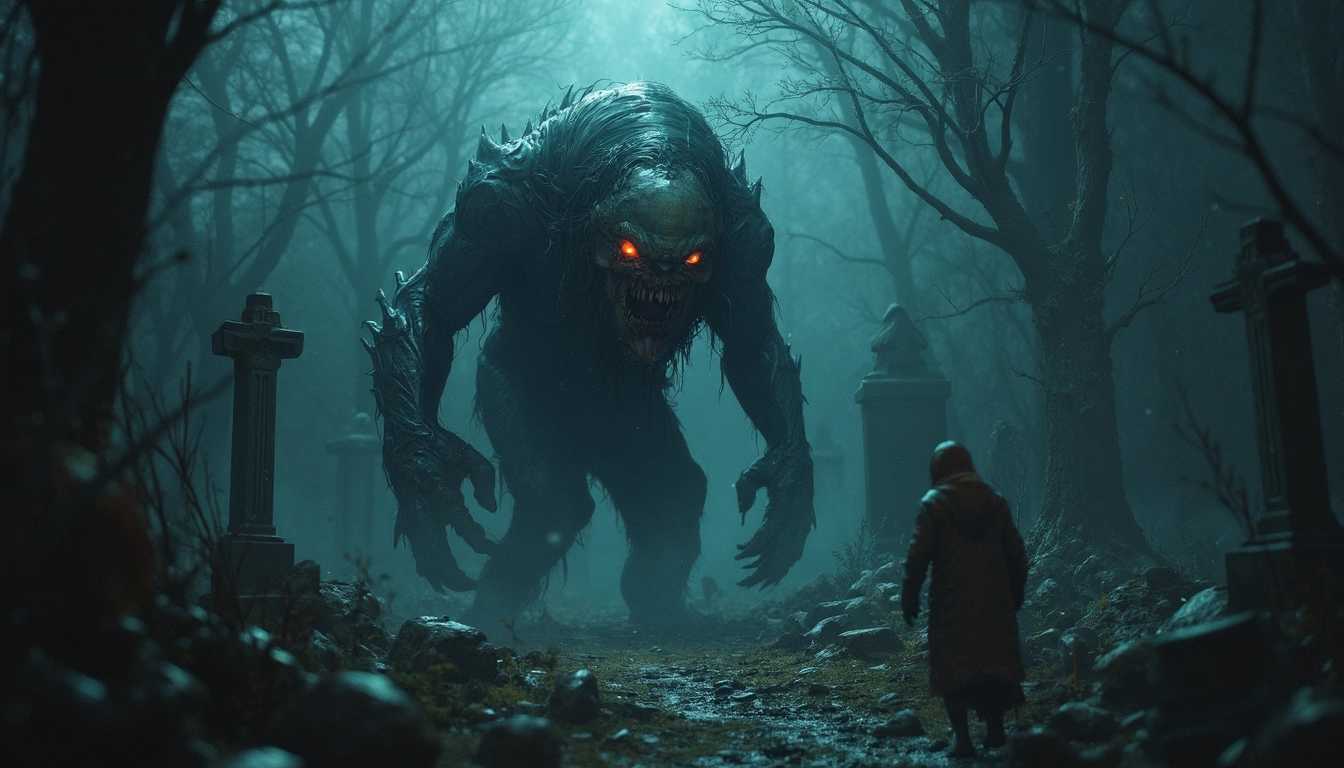 a grotesque monster hunting a survivor in a derelict graveyard at night