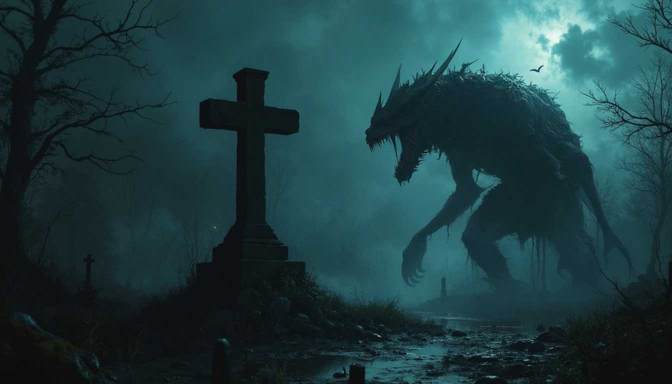 a grotesque monster hunting a survivor in a derelict graveyard at night