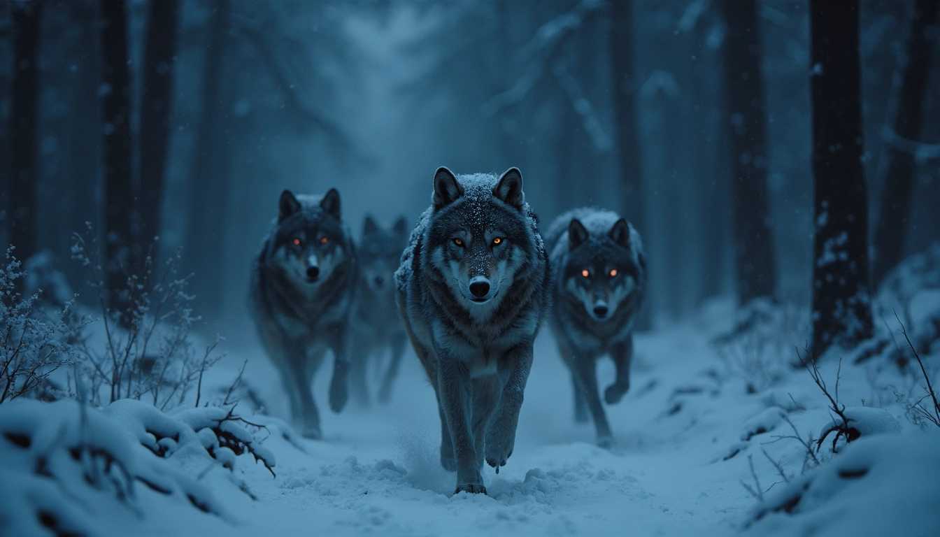 Pack of Wolves in Snowy Forest at Twilight