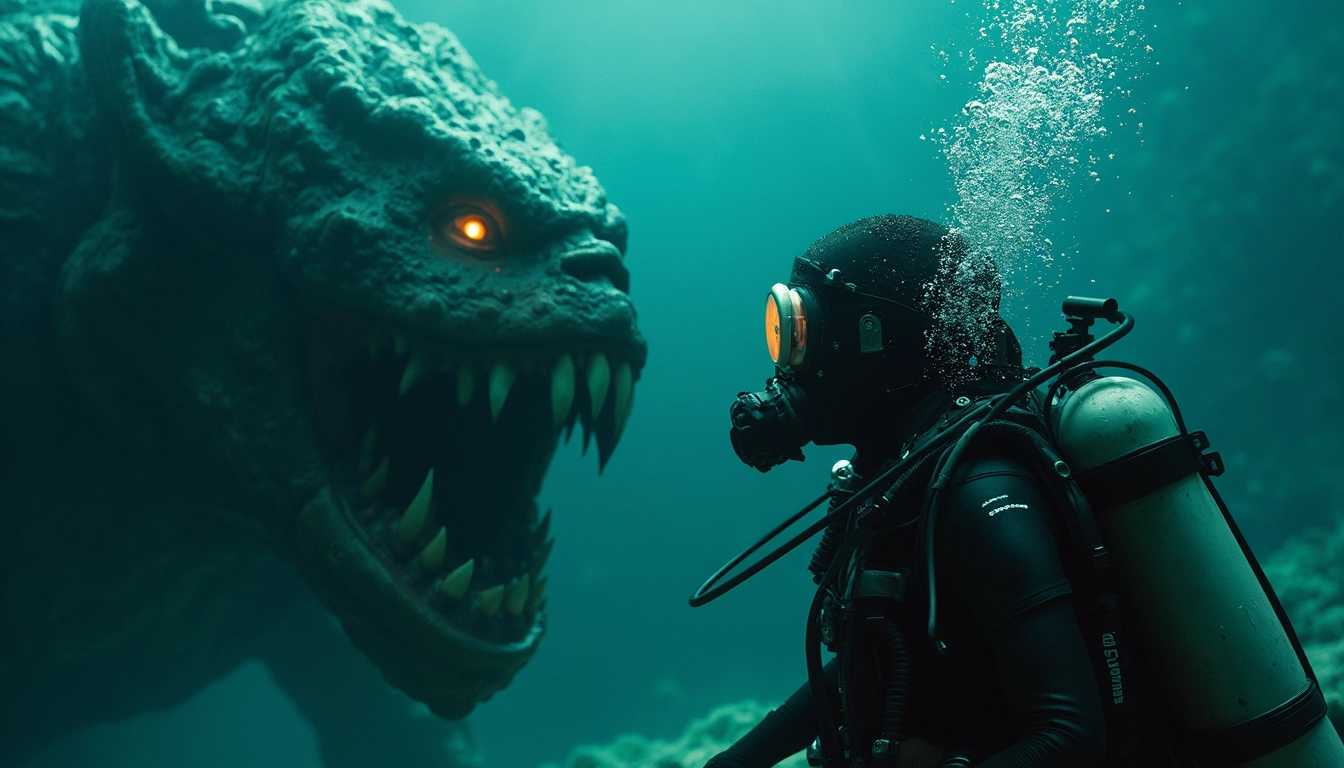 Create a terrifying horror movie scene featuring a female deep-sea diver, dressed in a sleek yet rugged diving suit, her expression one of sheer terror as she is confronted by an exceptionally monstrous deep-sea creature. The creature should have bioluminescent features, with glowing eyes and sharp, razor-like teeth, emerging from the dark, ominous depths of a bottomless ocean abyss. The background should be a stunning, yet frightening underwater landscape filled with eerie shadows and haunting blue and green hues. Intricate bubbles escape from the diver's regulator, swirling around her as she is illuminated by cinematic colorful lighting that occasionally pierces the darkness, creating an atmosphere of suspense and dread. The composition should emphasize the overwhelming size and terrifying nature of the creature compared to the diver, encapsulating a moment frozen in both fear and awe, with the endless abyss extending behind them.