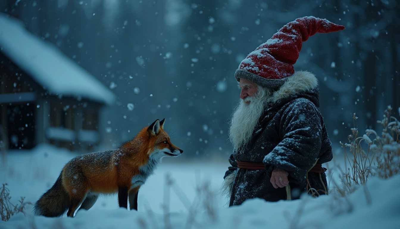 Amateur iphone image, animal photography, snowy winter night landscape with fox meeting a very old man the size of a Nordic farm gnome, wearing Nordic farm gnome clothes, rural farm, darkest night, shot with an iPhone at night