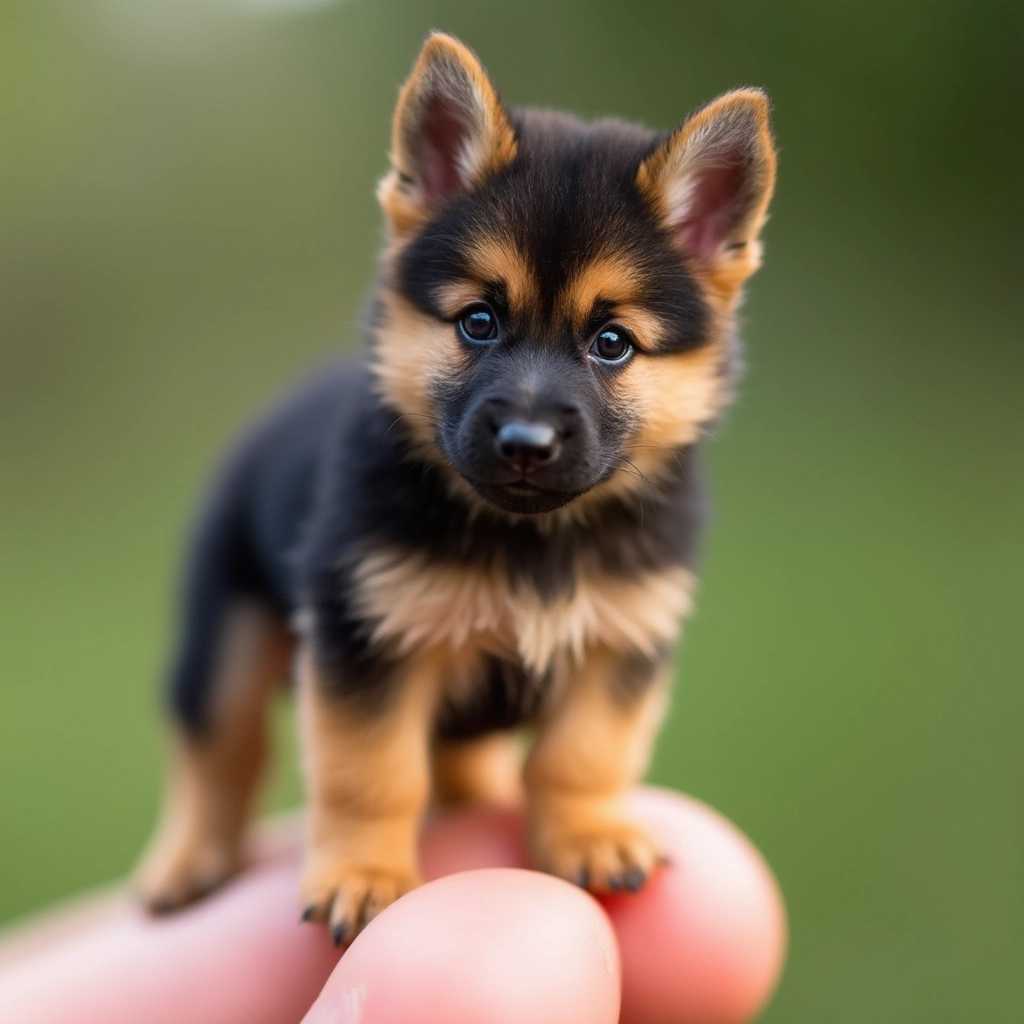 A miniature cute German shepherd standing on a fingertip.