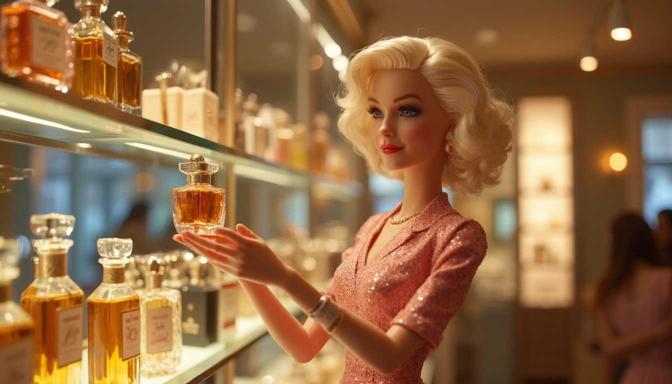A Barbie doll resembling Marilyn Monroe, with the elegance and glamour of the iconic actress, shopping for perfume in a chic, upscale boutique. The doll has a classic Hollywood style, with platinum blonde curls and a vintage outfit, reminiscent of Monroe’s famous looks. She delicately holds a bottle of perfume, contemplating her choice with a playful, coquettish smile. The boutique is stylishly decorated, with shelves lined with luxurious perfume bottles in ornate packaging. Soft lighting casts a warm, inviting glow over the scene, highlighting the doll's timeless beauty as she enjoys this moment of refined indulgence.