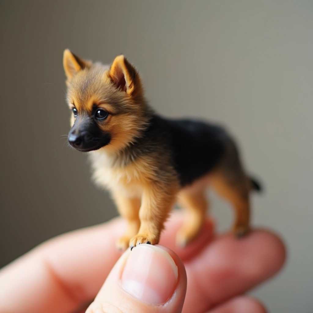 A miniature cute German shepherd standing on a fingertip.