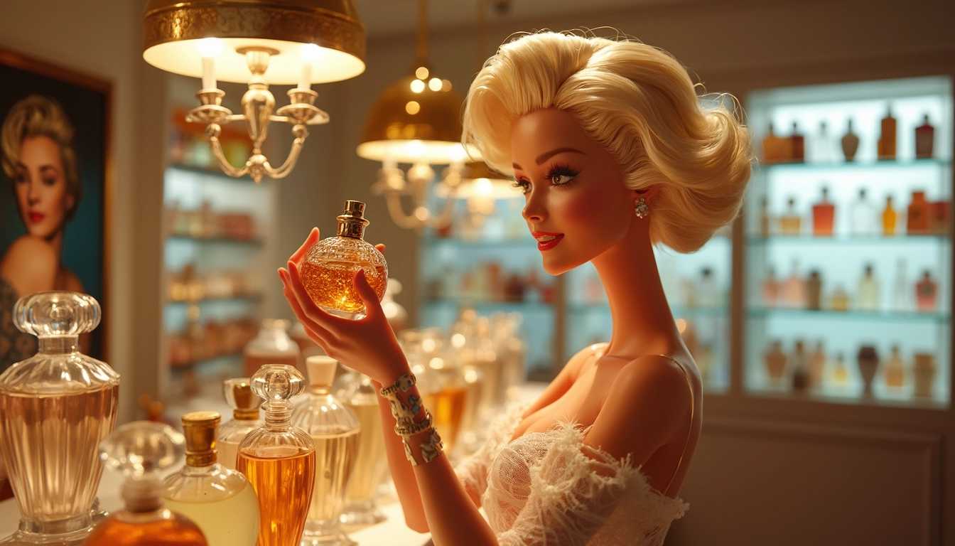 A Barbie doll resembling Marilyn Monroe, with the elegance and glamour of the iconic actress, shopping for perfume in a chic, upscale boutique. The doll has a classic Hollywood style, with platinum blonde curls and a vintage outfit, reminiscent of Monroe’s famous looks. She delicately holds a bottle of perfume, contemplating her choice with a playful, coquettish smile. The boutique is stylishly decorated, with shelves lined with luxurious perfume bottles in ornate packaging. Soft lighting casts a warm, inviting glow over the scene, highlighting the doll's timeless beauty as she enjoys this moment of refined indulgence.