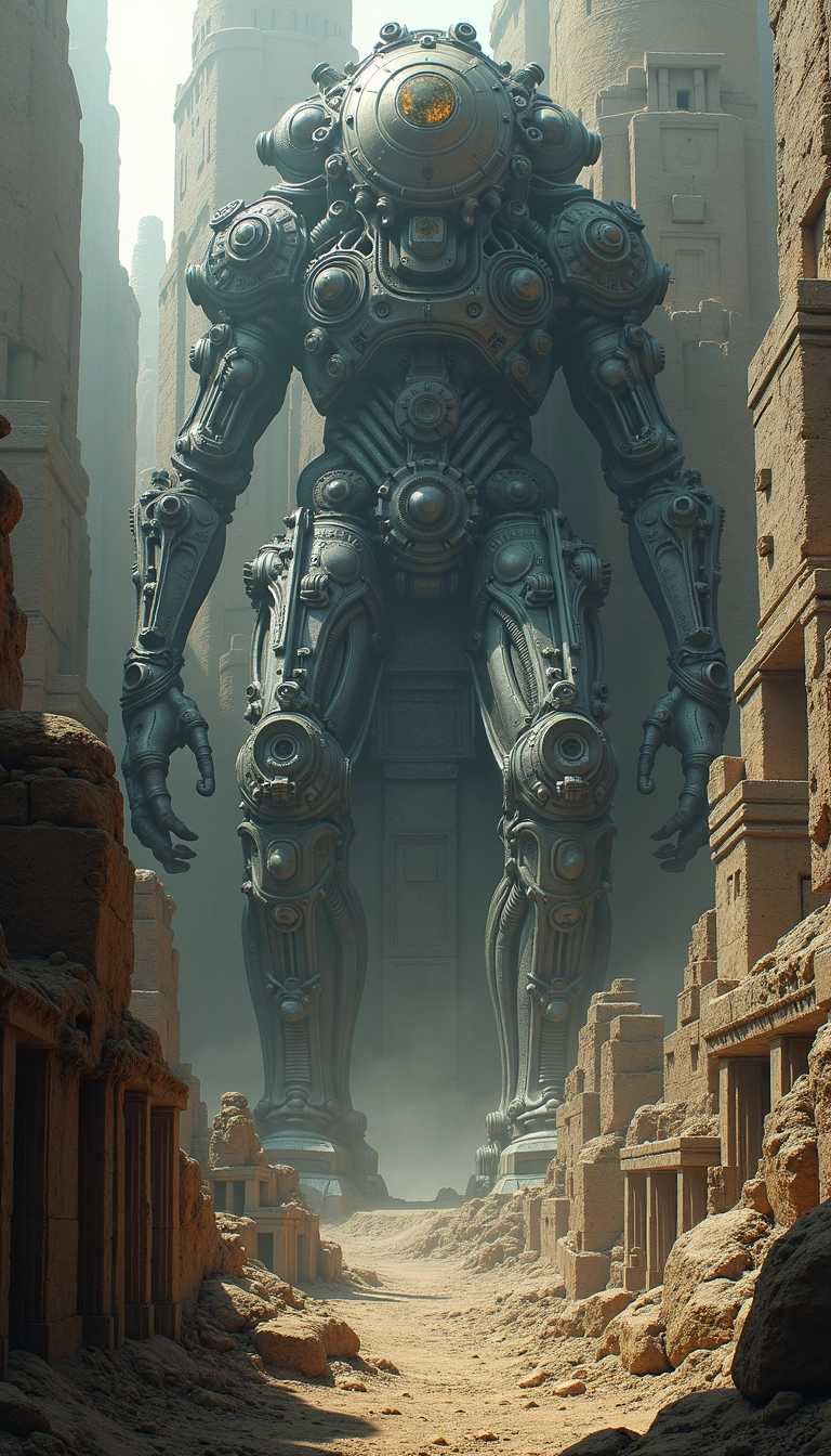 Colossal Ancient Mech dominates Deserted Cityscape