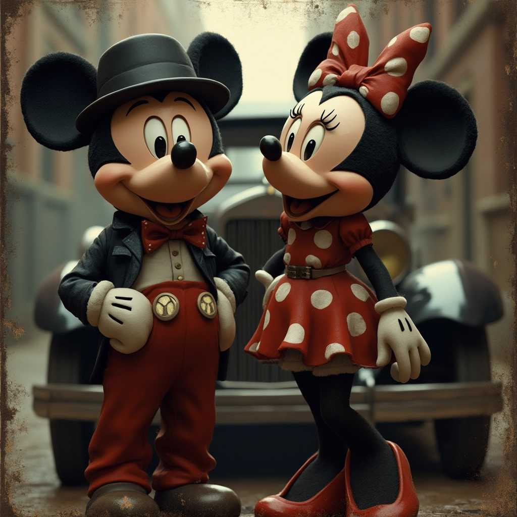 mickey and minnie as mafia gangsters, in front of an old 1930's car, old damaged photo, ultra realistic