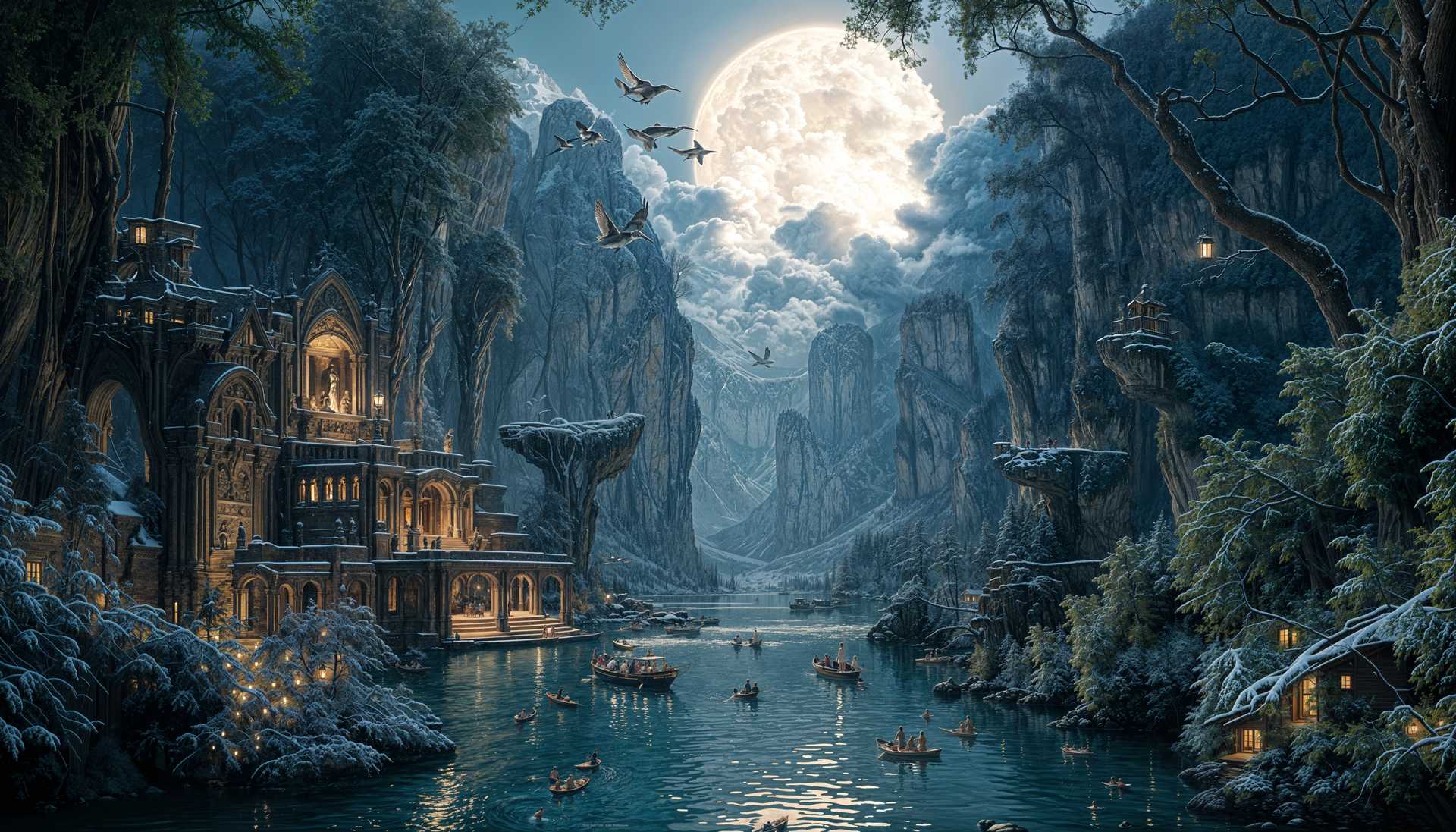 Enchanted Moonlit Valley with Gothic Architecture and Boats on the River