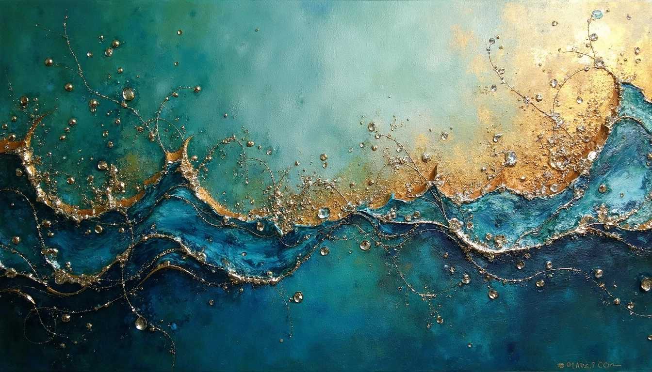 Abstract Wave Painting with Gold Leaf Accents