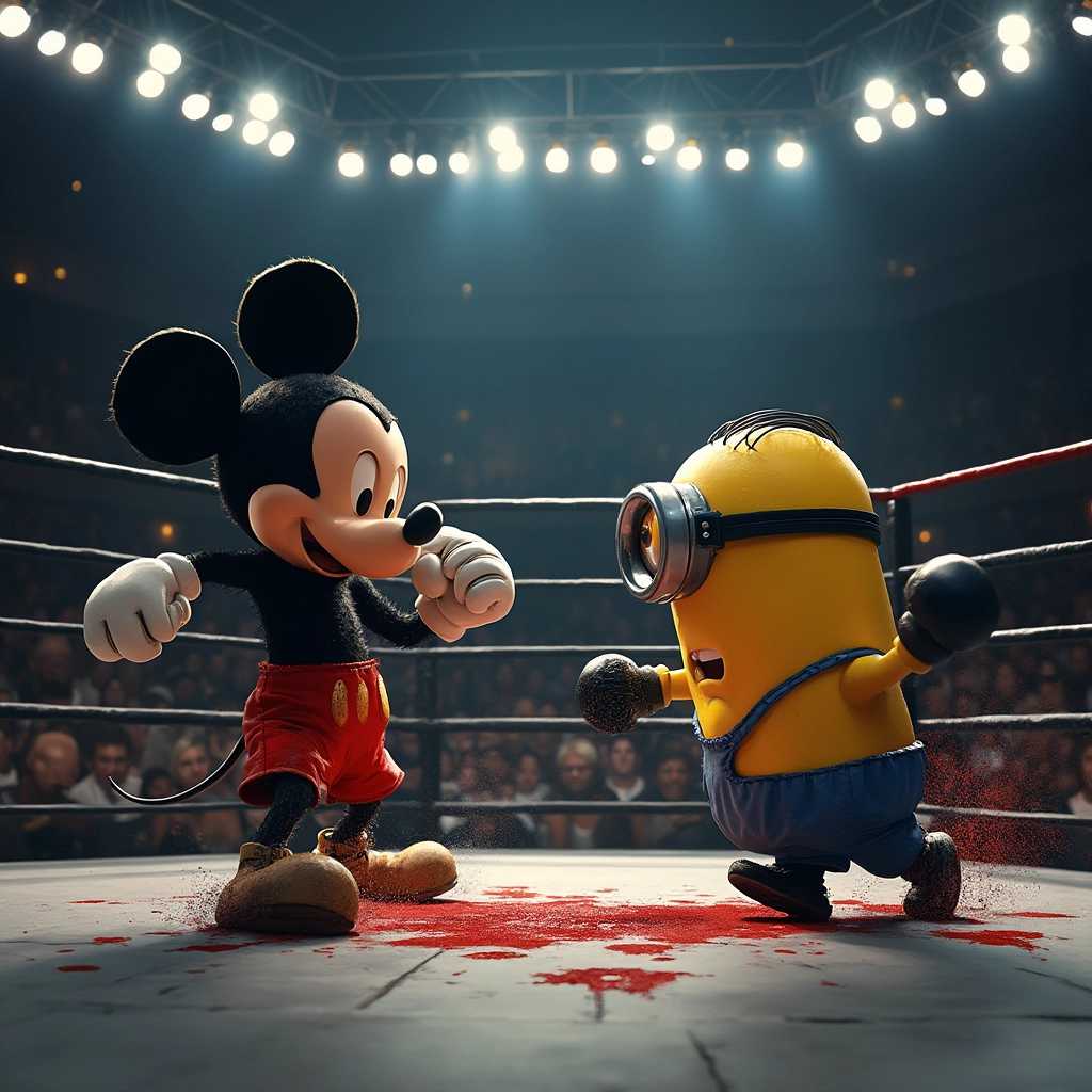 **Prompt:**

A dramatic scene set in an intense UFC ring, featuring Mickey Mouse engaged in a fierce fight against a Minion. The octagonal ring is surrounded by a roaring crowd with dim, atmospheric spotlights highlighting the combatants. Mickey Mouse, clad in red shorts and white gloves, delivers a powerful punch, his face displaying intense determination. The Minion, wearing yellow shorts and blue gloves, counters with a fierce expression, showing surprising agility. 

The floor of the ring is splattered with blood, adding a raw and gritty element to the scene. The setting is illuminated by overhead lights casting stark shadows, emphasizing the sweat and strain on both characters. The background features the blurred figures of the audience, their expressions ranging from shock to excitement, captured in the dynamic energy of the moment. 

The overall mood is tense and adrenaline-fueled, drawing inspiration from hyper-realistic animation styles. The atmosphere is charged with the anticipation of each move, every bead of sweat and drop of blood meticulously rendered to bring this surreal crossover to life.
