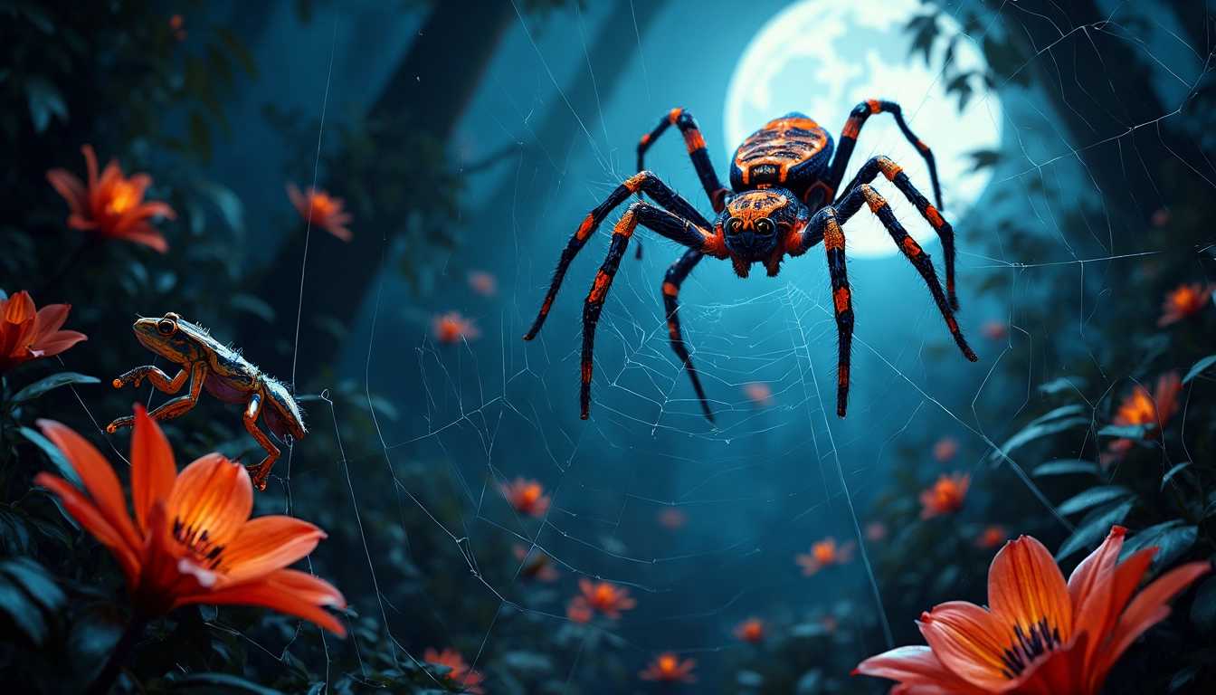 Vibrant Spider Web with a Majestic Spider and Intricate Floral Designs