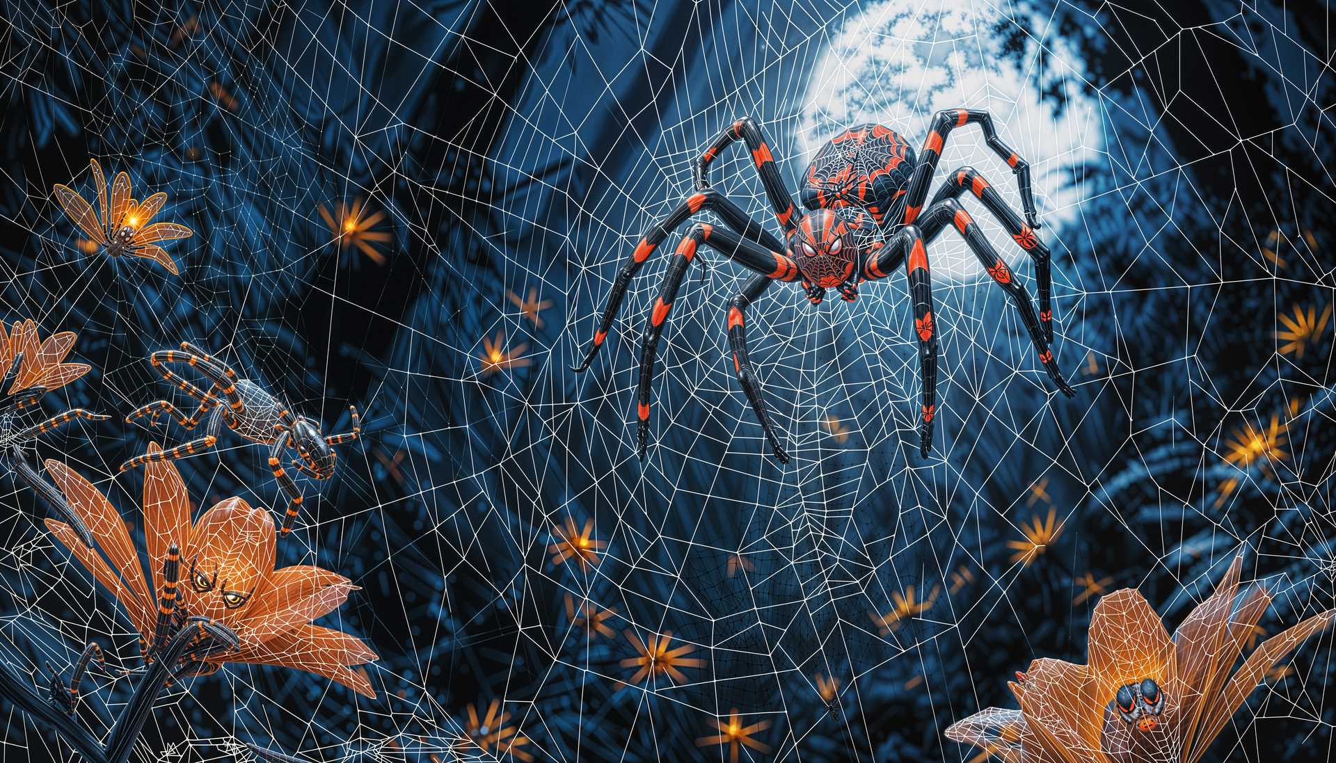 Vibrant Spider Web with a Majestic Spider and Intricate Floral Designs