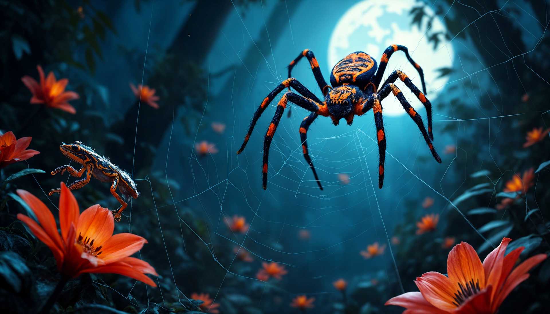 Spider and Frog Amidst Moonlit Forest Magic